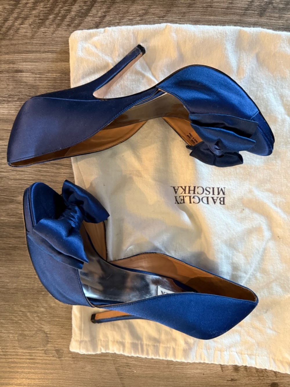 Badgley Mischka Royal Blue Satin Bow Peep-Toe Stilettos